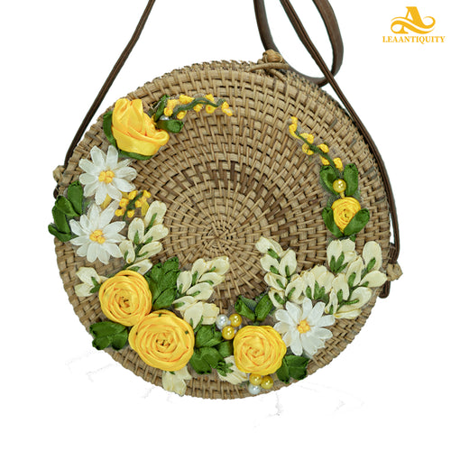Rattan Purse-Round Rattan Purse with Yellow Embroidered Flowers - LeaAntiquity