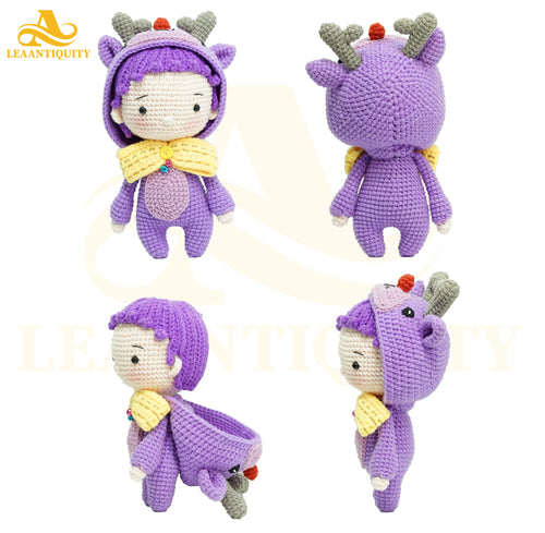 Amigurumi-Baby Girl Doll in Reindeer costume-Handmade Stuffed Knit Crochet-Doll Toy (Purple Dress with Crochet Hat separated) - LeaAntiquity