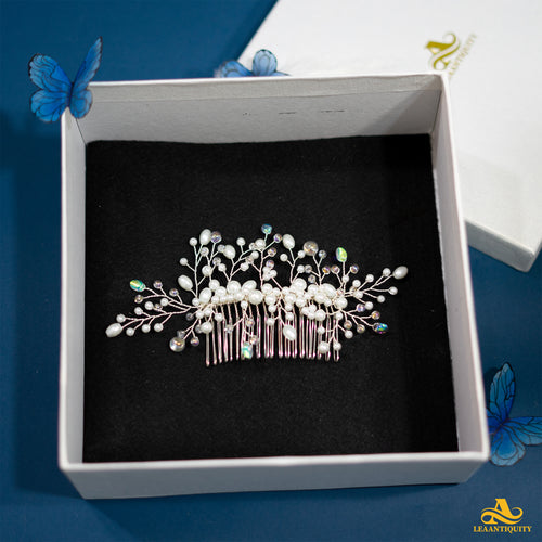 White Pearls Multi-Colors Crystals Wedding Hair Comb - LeaAntiquity