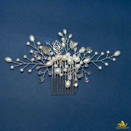 Large White Pearls Crystals Wedding Hair Comb - LeaAntiquity