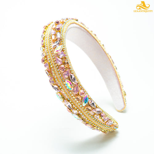 Thick Golden Padded Tiara Rainbow Crystal Wedding Headband - LeaAntiquity