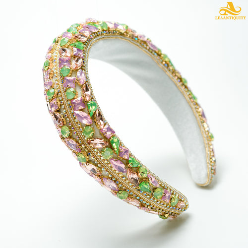 Thick Golden Padded Tiara Rainbow Crystal Wedding Headband - LeaAntiquity