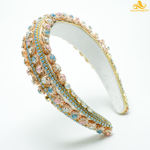 Thick Padded Tiara Golden Blue Crystal Wedding Headband - LeaAntiquity